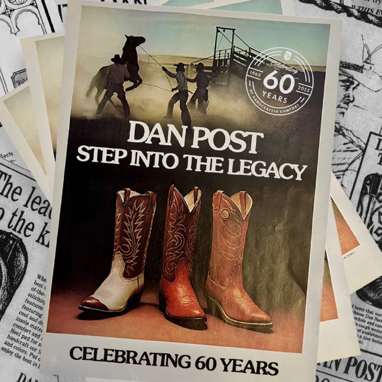 Over 60 years of handcrafted comfort. | Dan Post Boots: Celebrating 60 years with cowboy boots on a collage of vintage newspaper clippings. }}